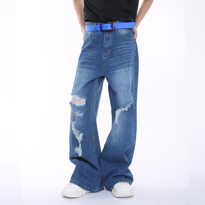 拉链长款大破洞夏季阔腿牛仔裤