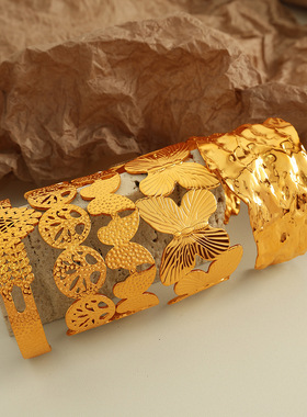 Timothee欧美复古设计钛钢手环镂空宽手镯金色蝴蝶生命树手饰品