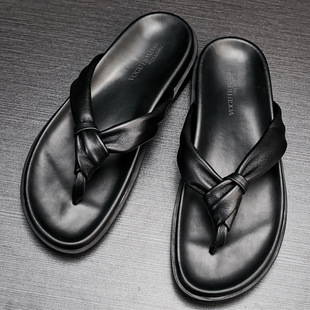 高档夏季拖鞋男士真皮潮流透气凉拖鞋室外休闲防滑厚底个性人字拖