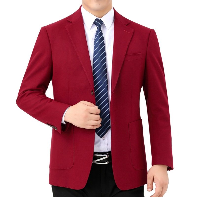 中年婚庆男士红色西服新款单西装爸爸装高档免烫休闲宽松大码外套