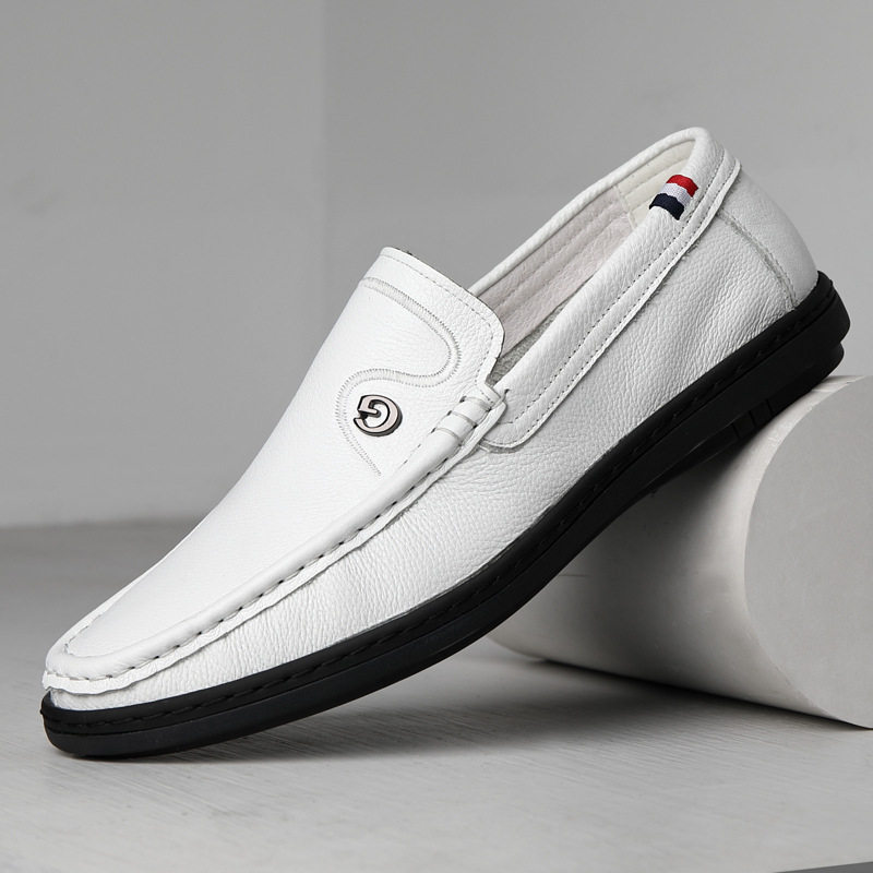 高端品质2026春秋头层牛皮新款白色豆豆鞋男士一脚蹬鞋真皮乐福鞋