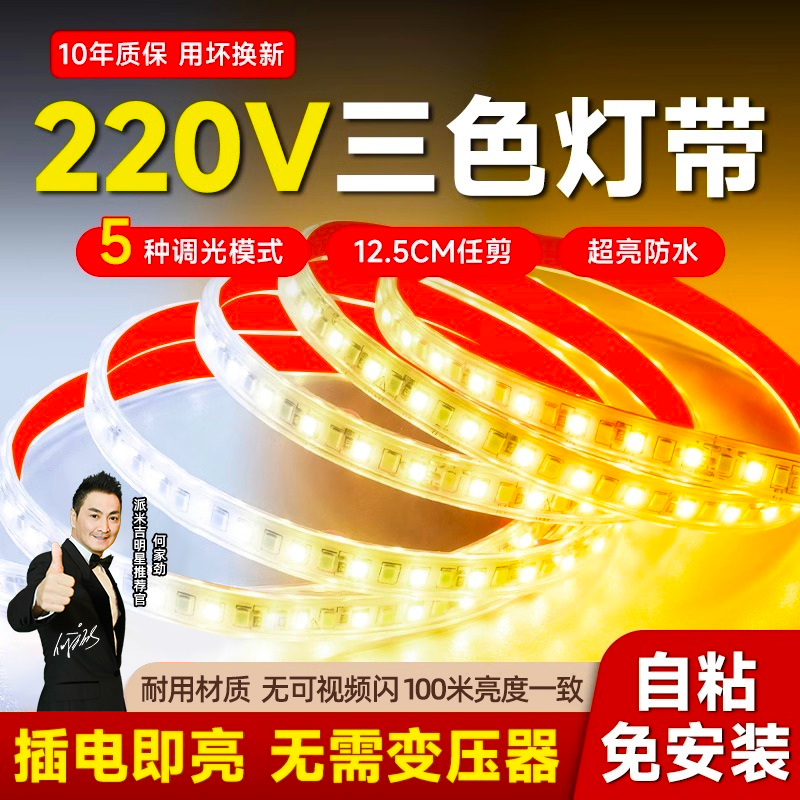 三色变光灯带自粘220v室内客厅天花板吊顶户外防水氛围led软灯条