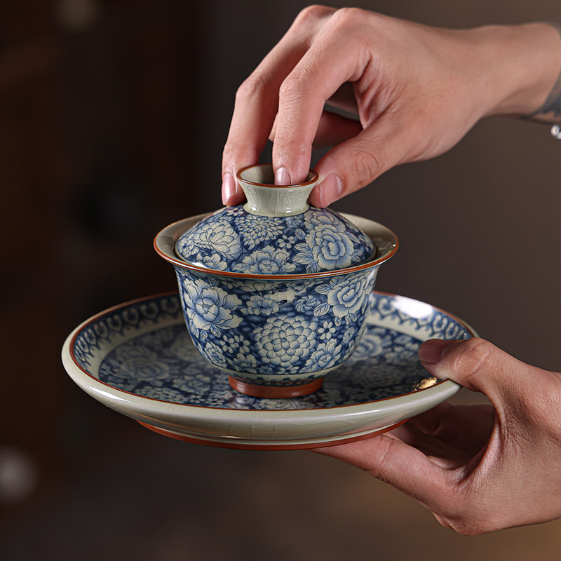 中国风汝窑青花瓷三才盖碗茶杯高档单个不烫手功夫茶具家用泡茶碗