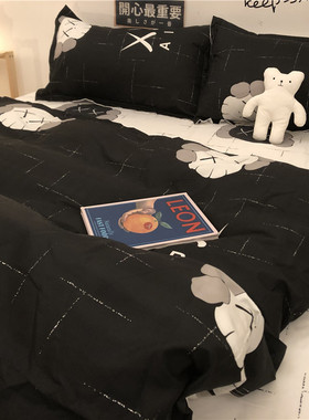 潮牌网红xx眼水洗棉黑色四件套kaws卡通床单芝麻街被套床上用品