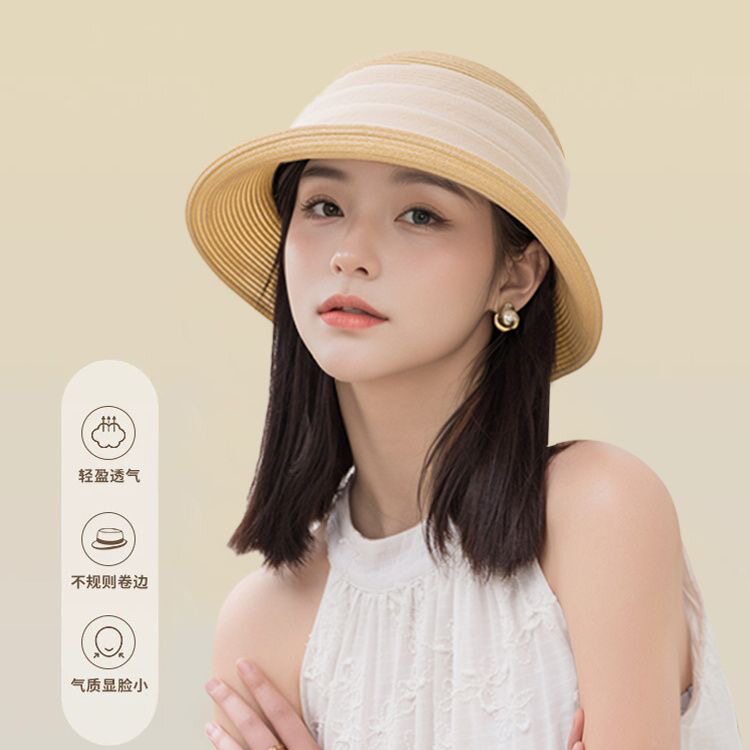 法式礼帽蝴蝶结草帽夏季沙滩太阳帽渔夫帽复古防晒平顶遮阳遮阳帽