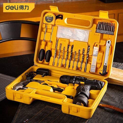 得力电动工具 21件28件38件家用型锂电钻套装五金工具箱维修组合