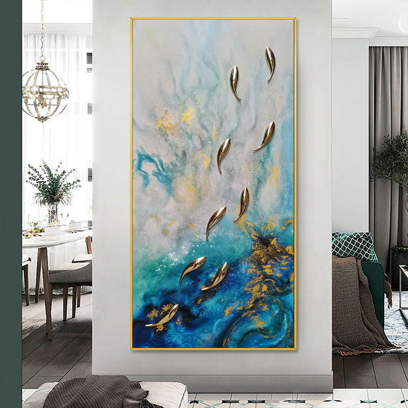 纯手绘九鱼立体油画轻奢玄关客厅大幅装饰画竖版入户餐厅定制挂画