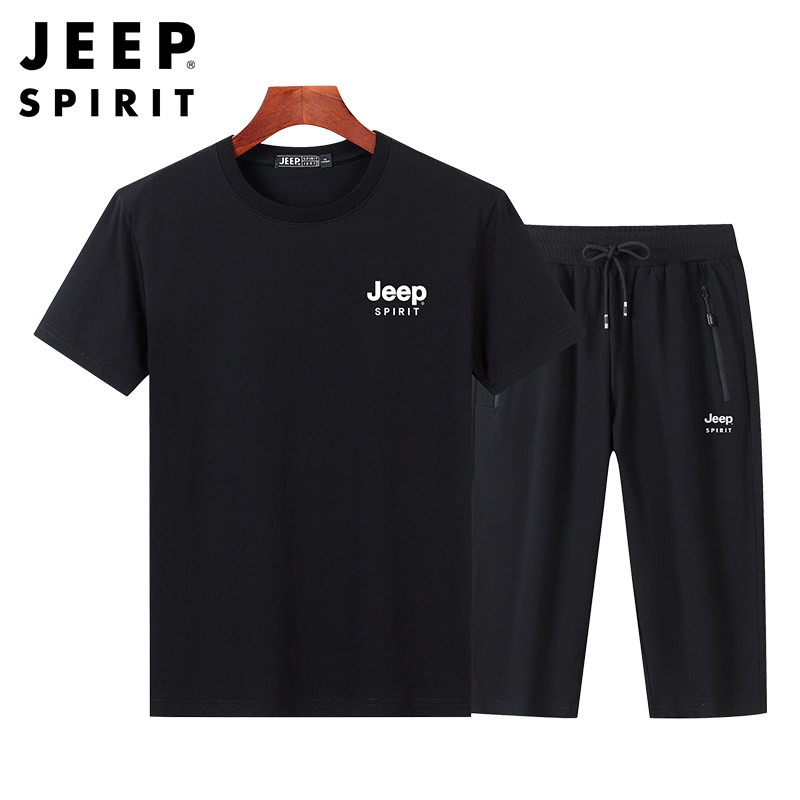 JEEP吉普夏季纯棉短袖t恤短裤套装男士户外运动跑步七分裤两件套