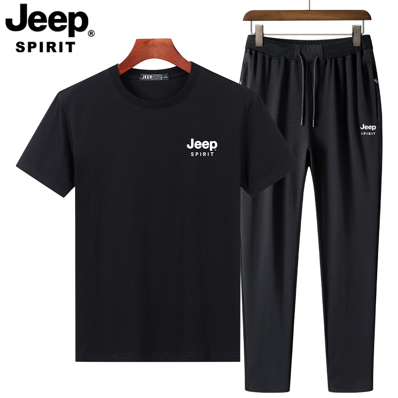 JEEP/吉普纯棉运动套装男士夏季薄款短袖t恤长裤休闲运动服两件套