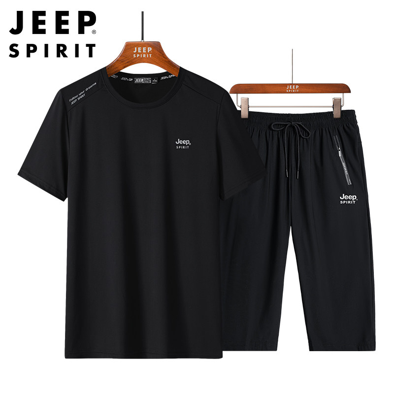 jeep吉普速干运动套装男夏季薄款冰丝t恤短袖男款跑步健身衣短裤