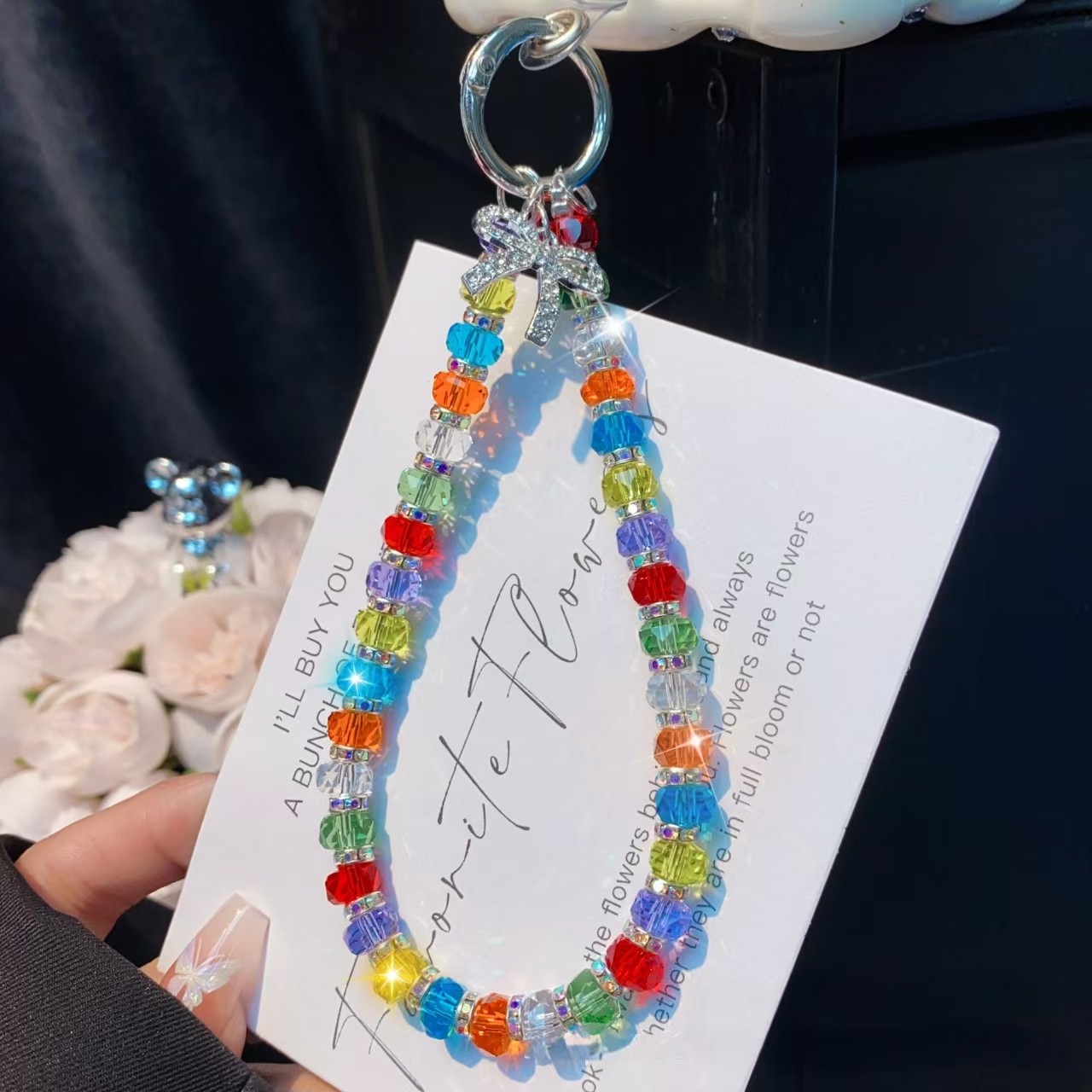 多巴胺手机挂链ins水钻蝴蝶结手机链 钥匙挂件女款水晶防丢绳
