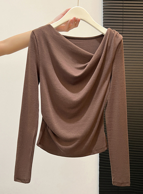 休闲风荡领褶皱长袖T恤女辣妹咖色通勤显瘦设计感通勤打底衫上衣