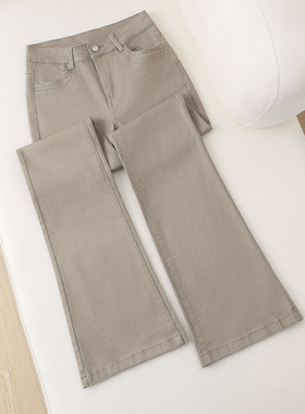 卡其色高腰修身微喇牛仔裤女2026春季显瘦显腿长拖地喇叭裤休闲裤
