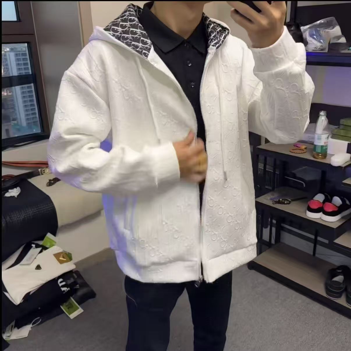 网红潮牌设计感满印连帽夹克男士潮牌美式卫衣社会青年轻奢外套男