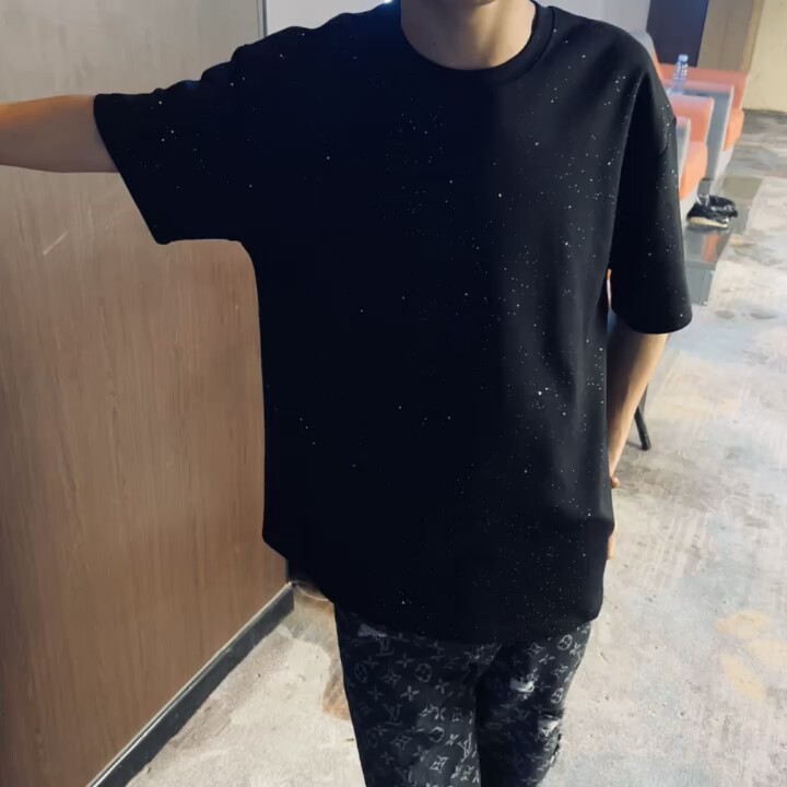 2026网红新款满天星亮烫砖短袖t恤男美式重磅纯棉五分袖上衣潮流
