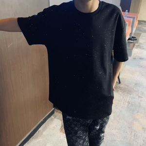 2026网红新款满天星亮烫砖短袖t恤男美式重磅纯棉五分袖上衣潮流