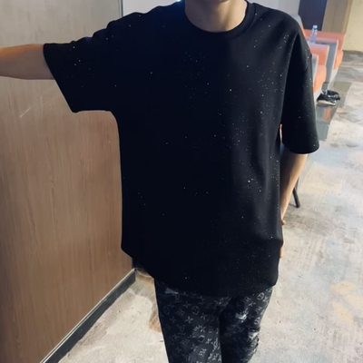 2026网红新款满天星亮烫砖短袖t恤男美式重磅纯棉五分袖上衣潮流