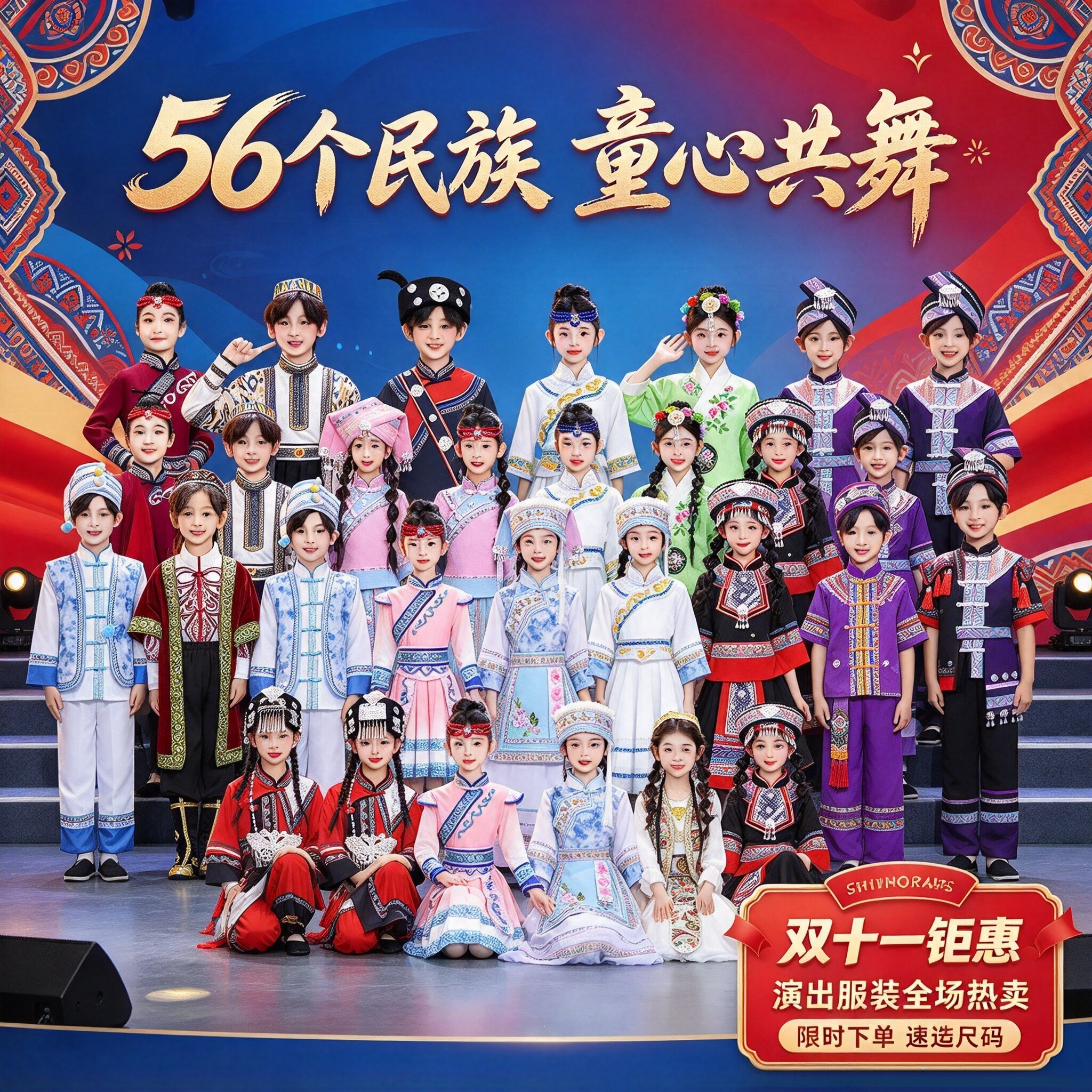 元旦56儿童民族服装走秀傣族少数民族服蒙古族演出服女童彝苗族畲