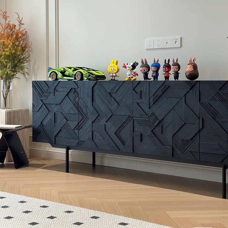 中古风实木餐边柜客厅靠墙高脚电视机柜储物柜黑色轻奢置物玄关柜