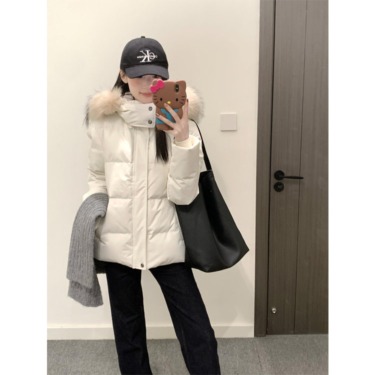 白色收腰大毛领羽绒服女2025冬季修身白鸭绒加厚棉衣袄保暖外套