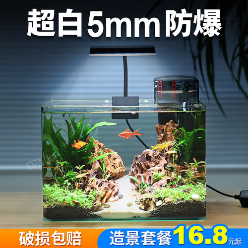 桌面超白玻璃热弯鱼缸造景套餐