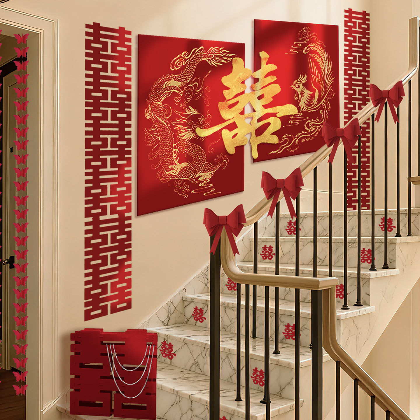 楼梯装饰婚房布置男方女方结婚礼扶手墙面背景墙大喜字贴条幅挂布,节庆用品/礼品,拉花,淘宝优惠券,粉丝福利购,淘宝优惠卷