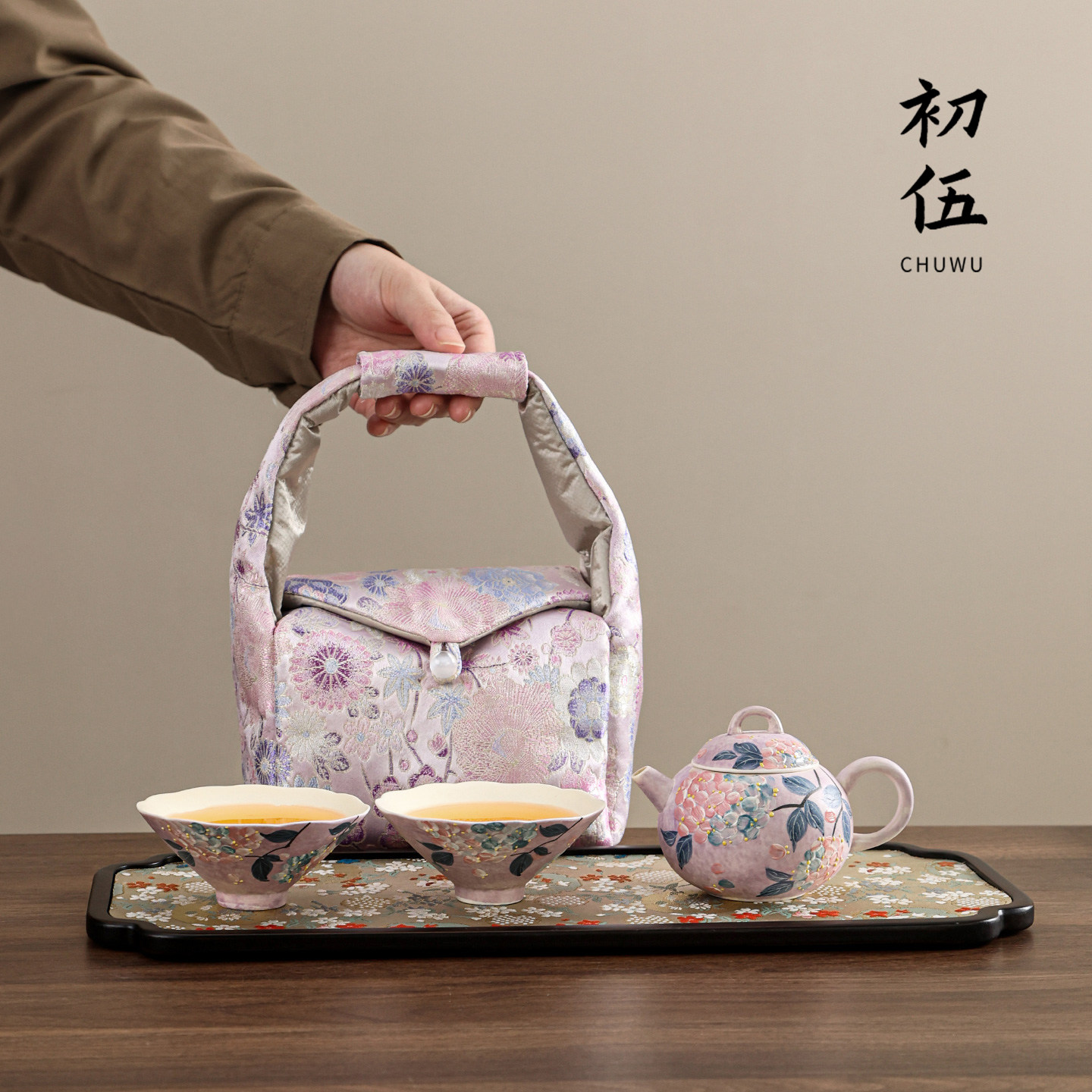 初伍纯手绘绣球花茶具小套装女士专用一壶两杯送闺蜜朋友精致礼物