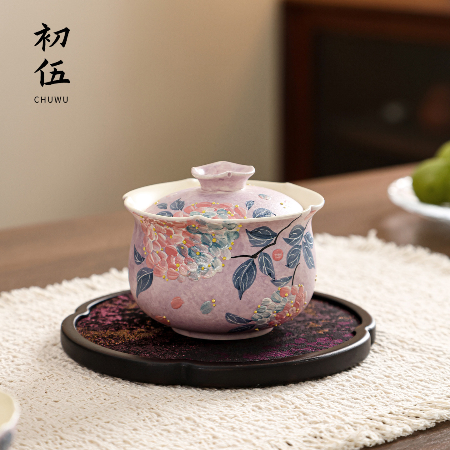 初伍手绘绣球花盖碗女士泡茶器图片