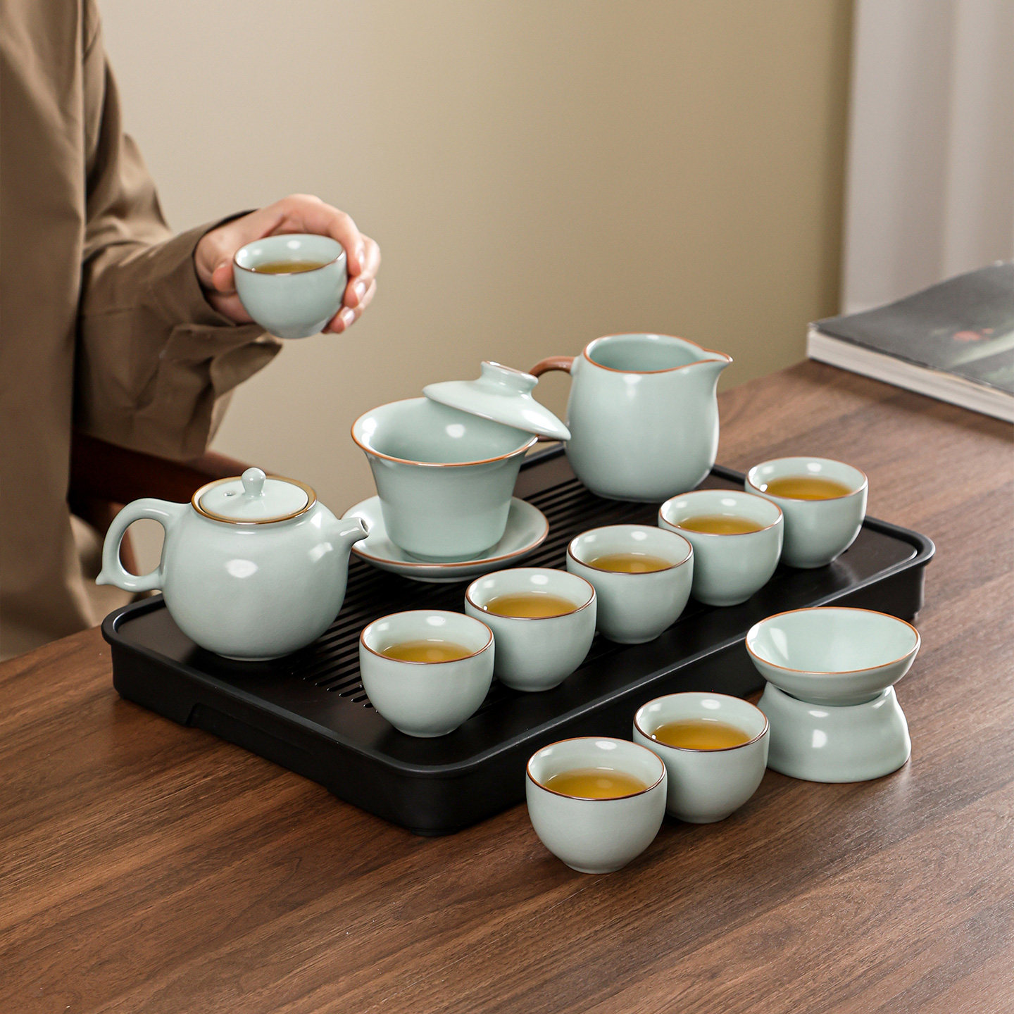 初伍天青汝窑三才盖碗茶具陶瓷办公室家用泡茶杯国庆节日礼品礼盒