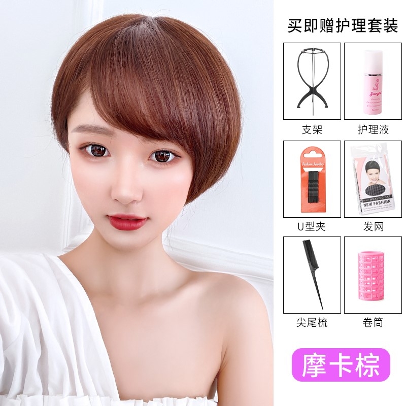 假发女短发季自然真发头套式圆脸修脸真人发丝短发发型1113r