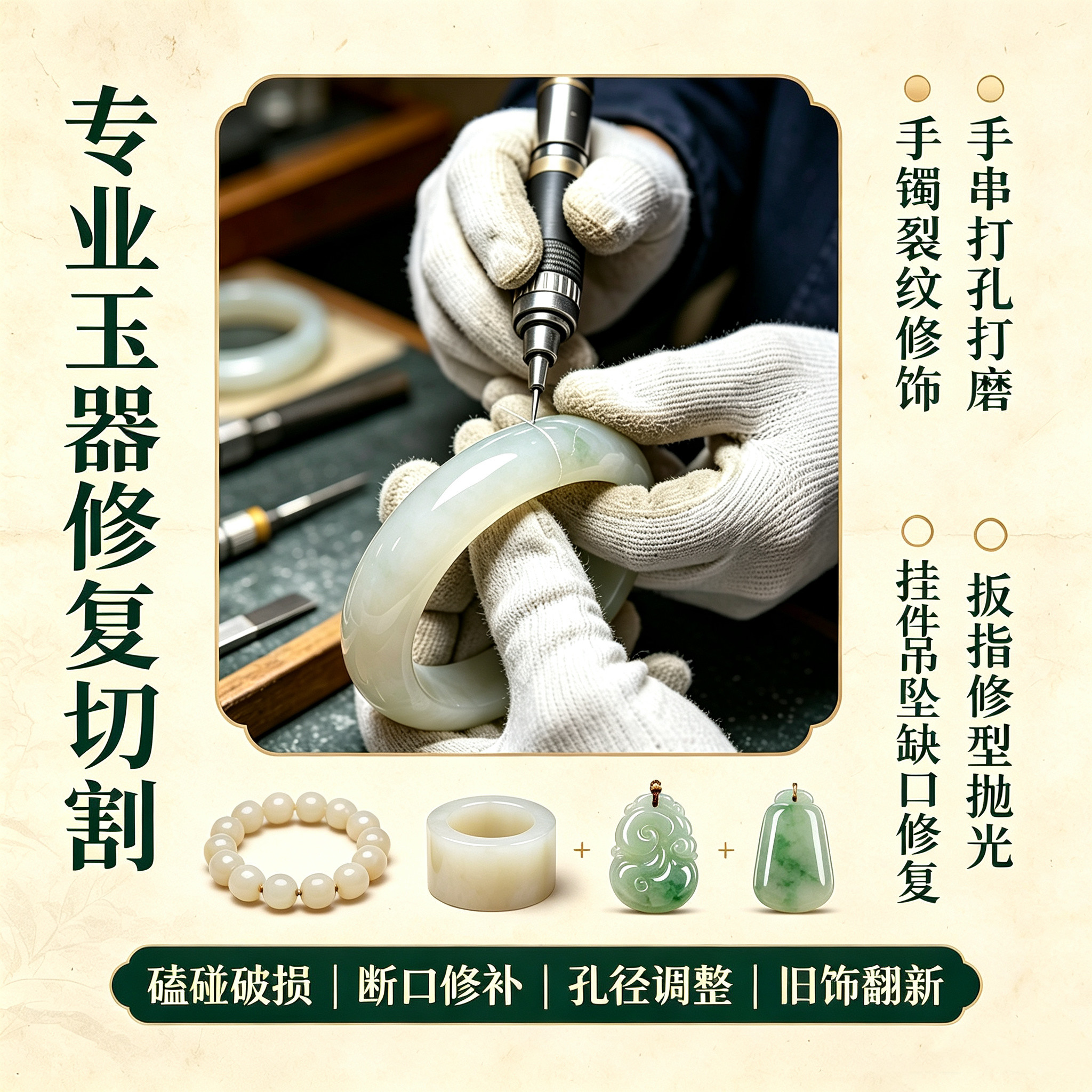 专业玉器修复玉石切割雕刻手镯裂纹手串打孔扳指挂件配饰吊坠磕口