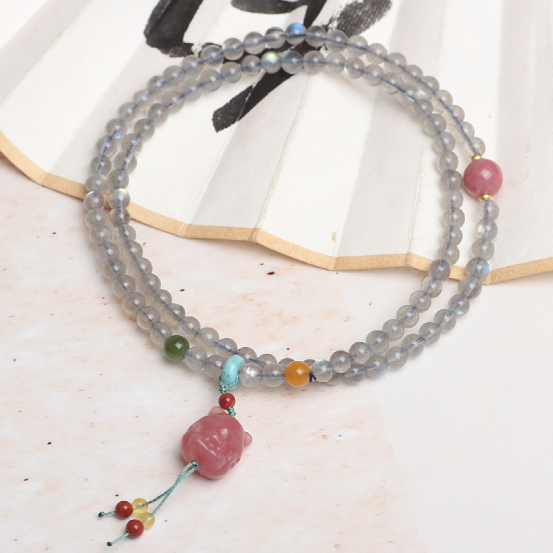 普陀山月光石手链粉晶小狐狸