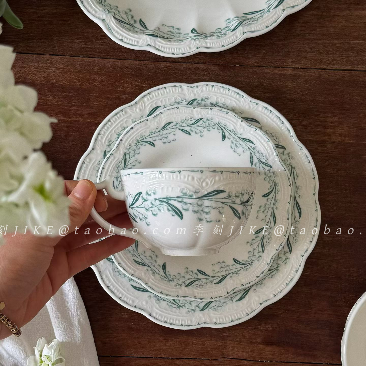 法式复古绿金合欢陶瓷餐具套装