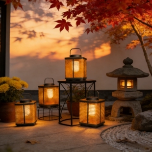 户外别墅庭院防水太阳能手提灯草坪灯日式复古藤编灯笼景观充电灯