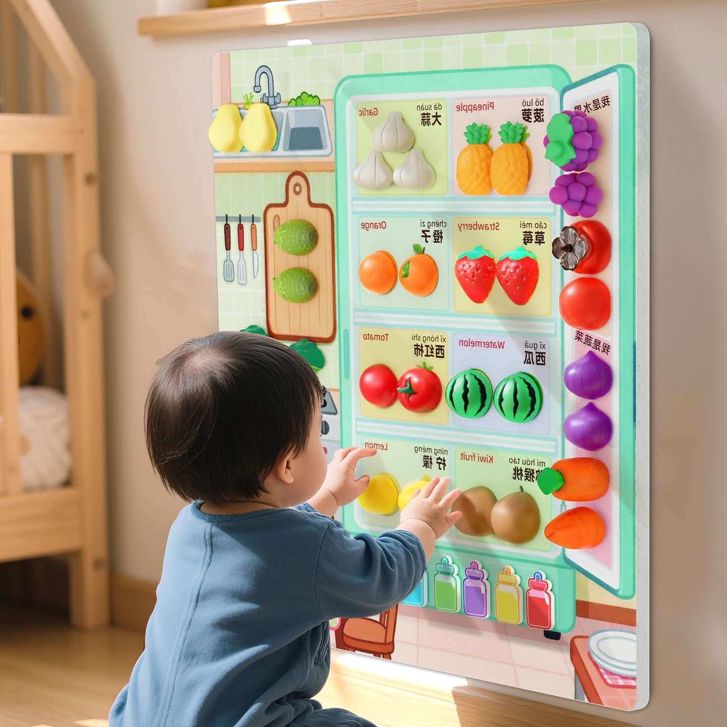 蒙氏早教益智毛毡板水果切切乐玩具忙碌板围栏DIY厨房果蔬摘摘乐切菜素材配件儿童墙上壁挂装饰幼儿园过家家