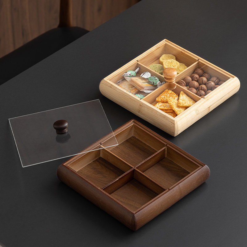 复古胡桃色带盖分格零食盘家用干果茶点盘高档餐厅前台水果托盘,餐饮具,茶道/零配,淘宝优惠券,粉丝福利购,淘宝优惠卷