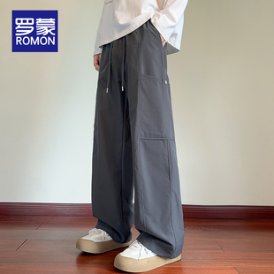 罗蒙工装休闲裤男款春秋季2026新款直筒宽松潮牌百搭抽绳长裤子男