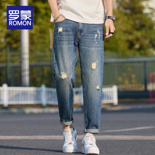 罗蒙九分破洞牛仔裤男款2026新款春季美式潮牌休闲宽松锥形裤子男