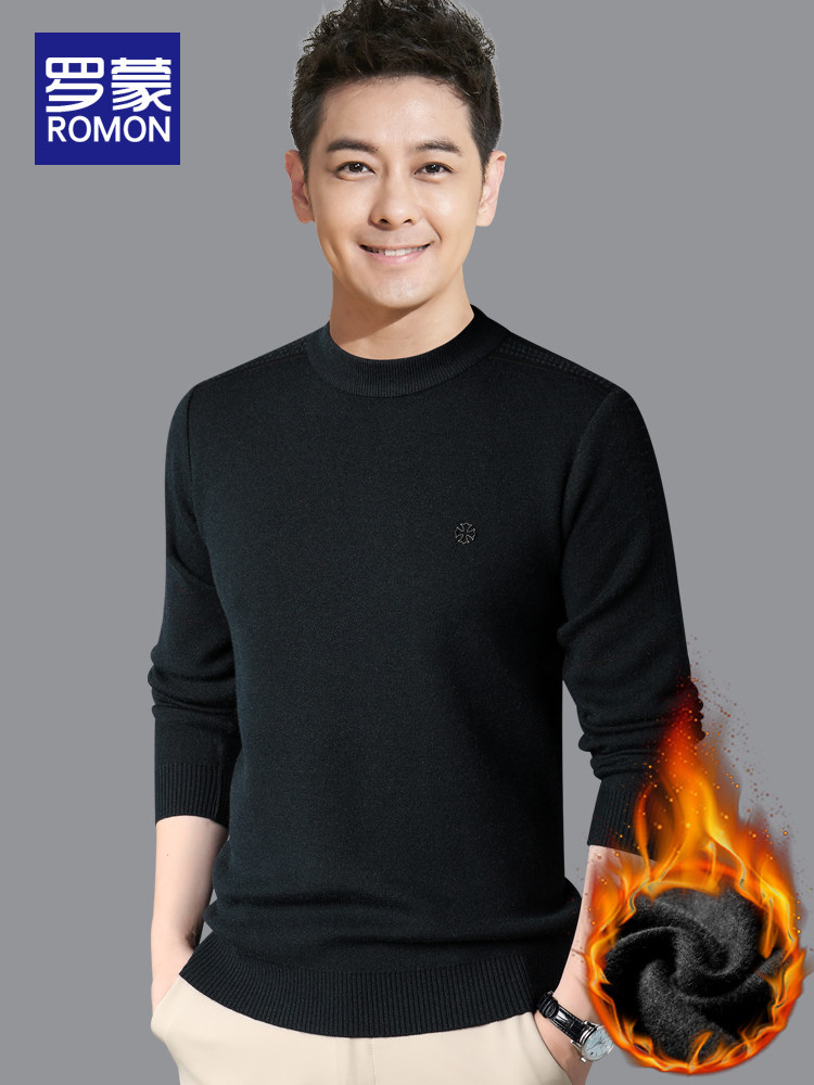 LUO MENG의 새로운 가을 겨울 모직 스웨터 남성용 하프 터틀넥 솔리드 컬러 중년 캐주얼 바닥 스웨터 플러스 벨벳 두꺼운 스웨터