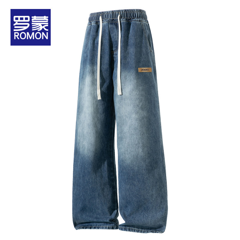 罗蒙牛仔裤男款春秋季新款美式复古水洗男裤宽松直筒抽绳百搭长裤,男装,牛仔裤,淘宝优惠券,粉丝福利购,淘宝优惠卷