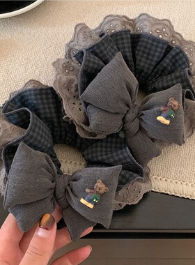 韩系复古灰色格子蝴蝶结蕾丝大肠发圈女高级感丸子头可爱扎头发绳