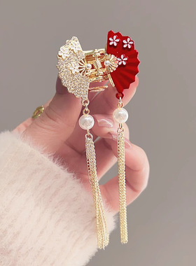 发卡~古风珍珠流苏小号抓夹红色蝴蝶结发夹后脑勺盘发半扎鲨鱼夹