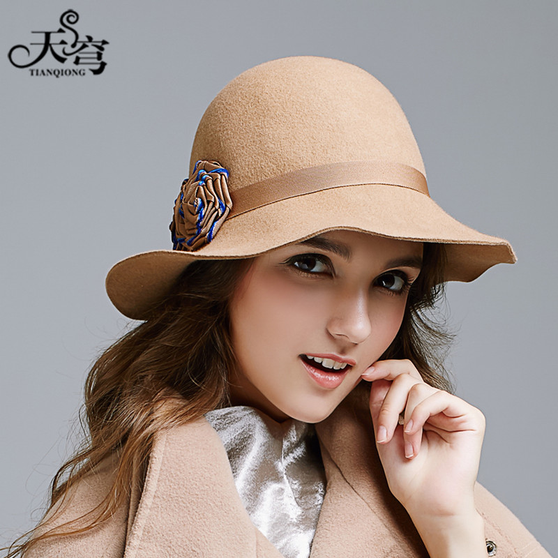 天穹秋冬款帽子花朵英伦宽沿帽羊毛呢女士帽秋季冬季羊毛渔夫盆帽