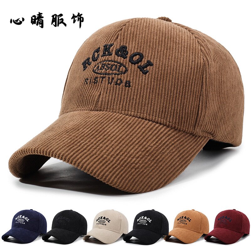 秋冬新款灯芯绒纯色棒球帽户外简约休闲字母鸭舌防寒保暖男女帽子