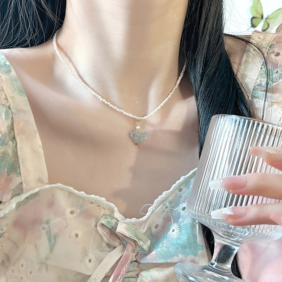十里间【藕蓝|纯银】文艺清新淡水珍珠新中式翡翠吊坠项链锁骨链