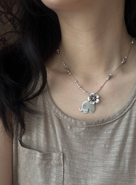 十里间【吉象】文艺复古小象花朵项链可拆卸吊坠锁骨链