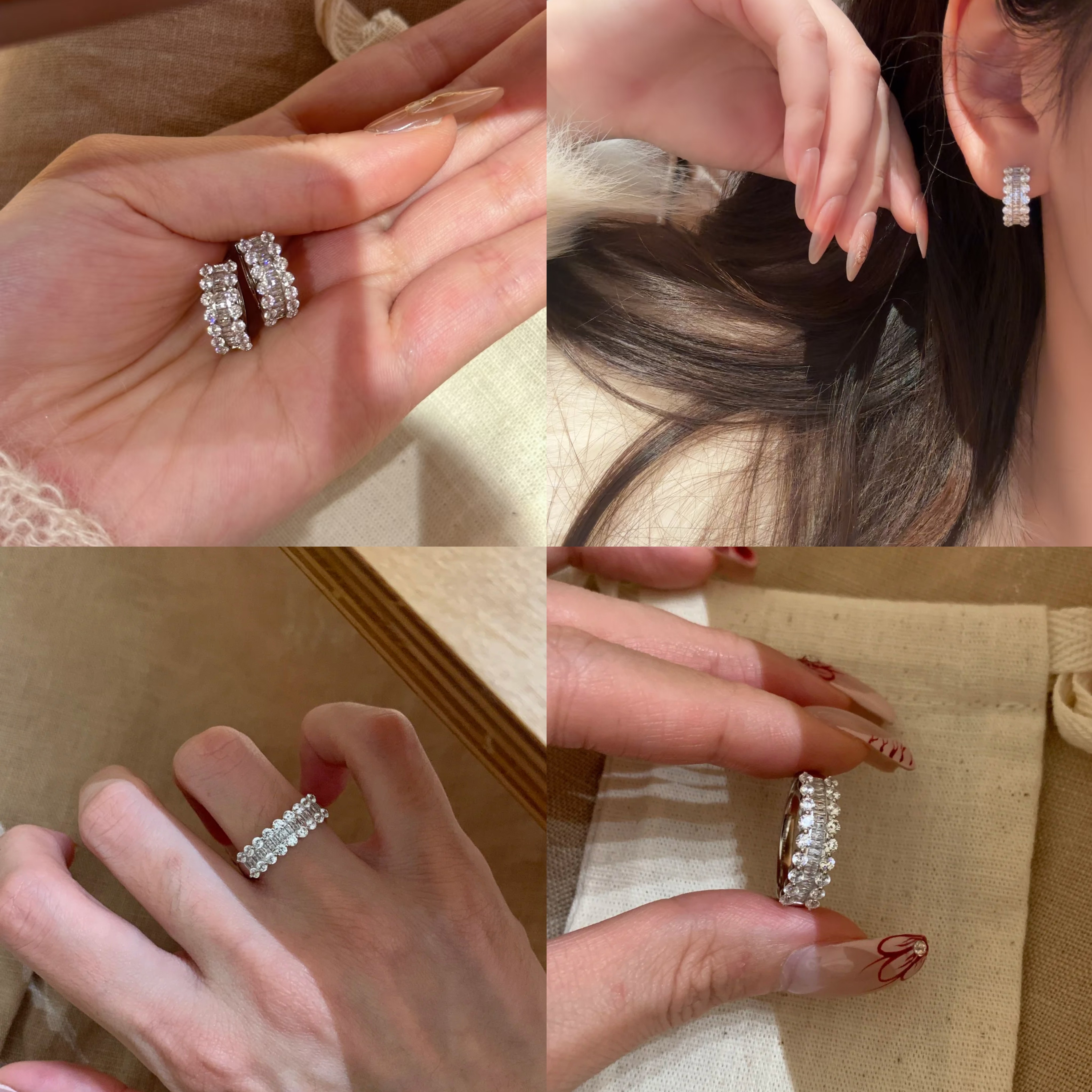 十里间【T方】简约气质浪漫蕾丝满钻耳扣圈圈耳环百搭氛围感戒指