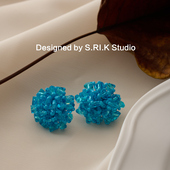 十里间 甜美清新蓝色绣球花耳钉百搭耳环 清凉花球～有耳夹
