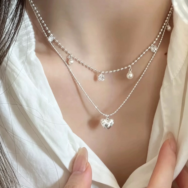 十里间【小心在颈间】甜美浪漫亮晶晶珍珠编织爱心项链叠戴锁骨链