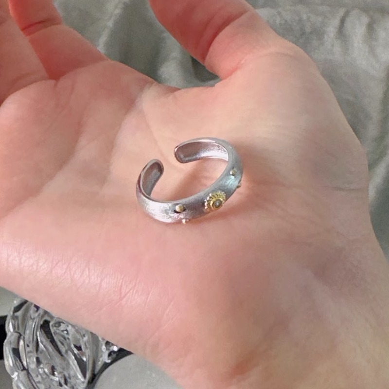 十里间【银色中古拉丝戒指】百搭通勤开口花朵复古指环